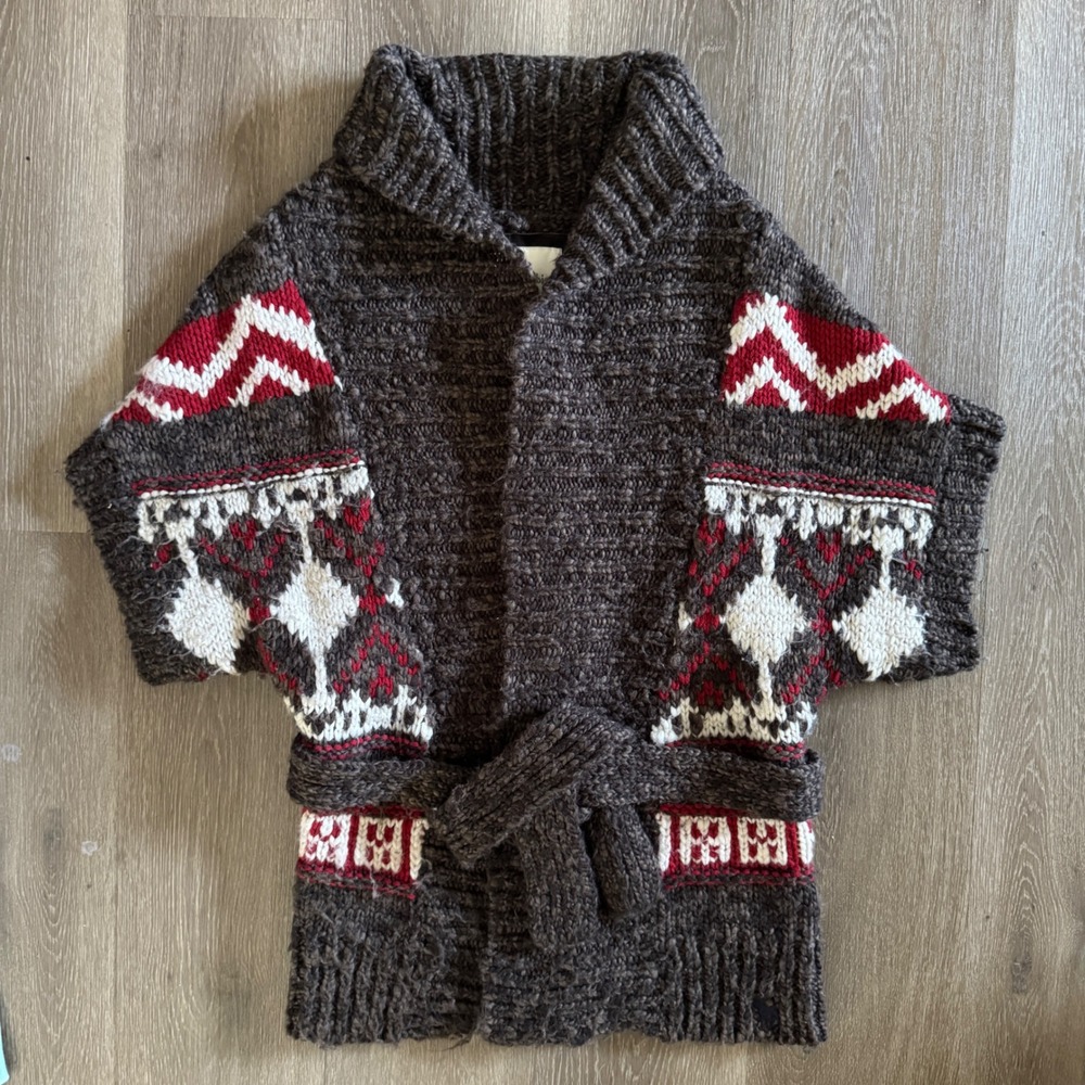 Vintage Abercrombie & Fitch Cardigan Womens Medium Brown Fair Isle Belted Wrap